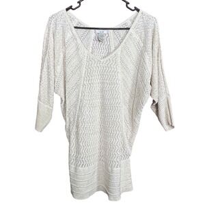 VTG Cache Womens Ivory Gold Metallic Pointelle Knit Batwing Dolman Sweater Large